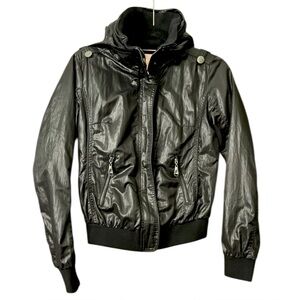 Bershka Y2K Black Nylon Bomber Hidden Hood Zipper Jacket Size Small/Medium